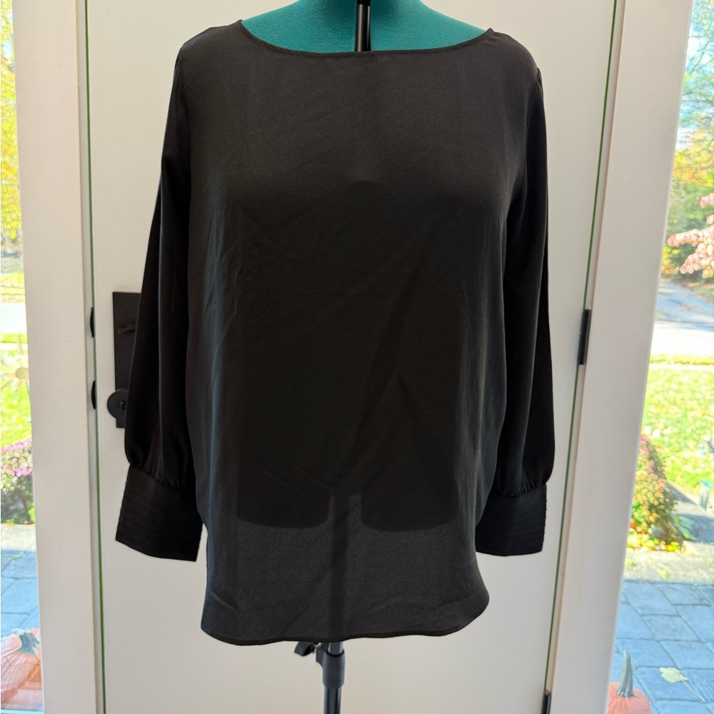 ANN TAYLOR Black Blouse with Pearl Pintuck Cuffs